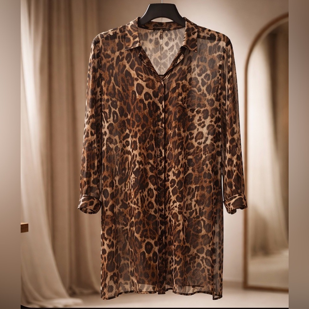 Sheer Leopard-Print Button Tunic in Brown